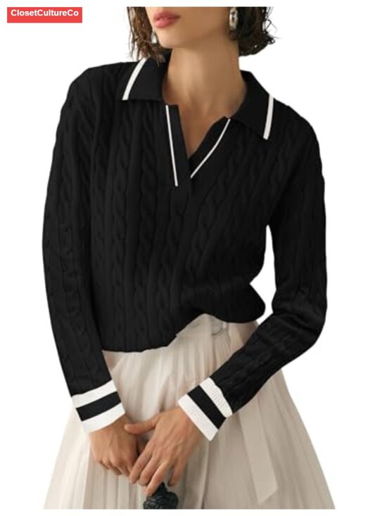 Sweaters - Womens Cable Knit V Neck Pullover Sweater Long Sleeve Casual Soft Jumper